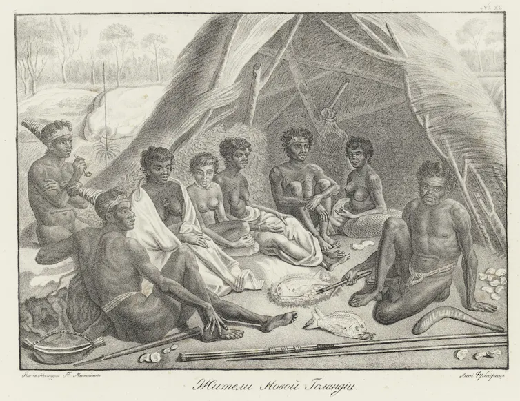 Etching of Aboriginal people sitting around a fire