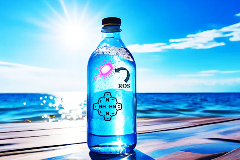 A bottle of water with nanoparticle diagrams drawn on the outside