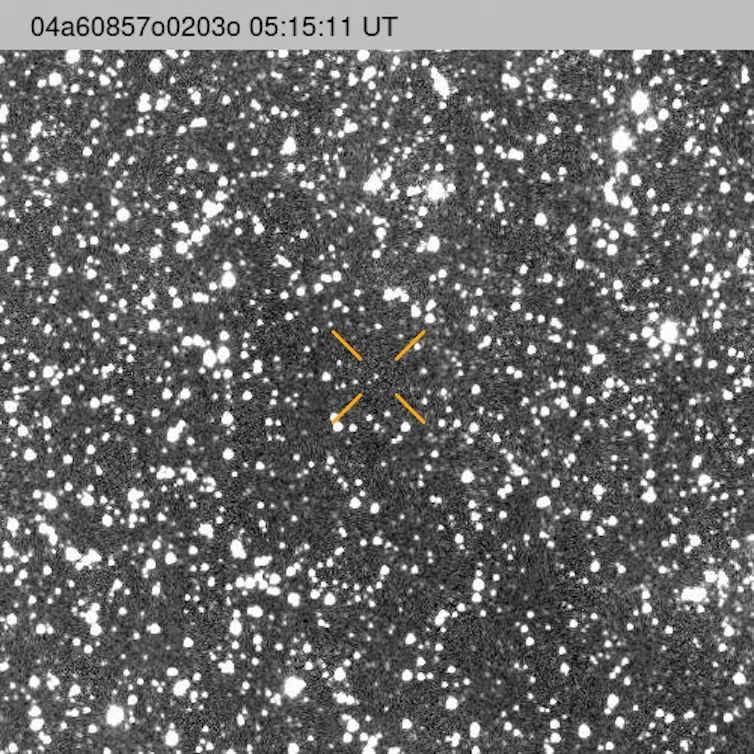 An animation with a highlighted dot moving through a sea of stars.