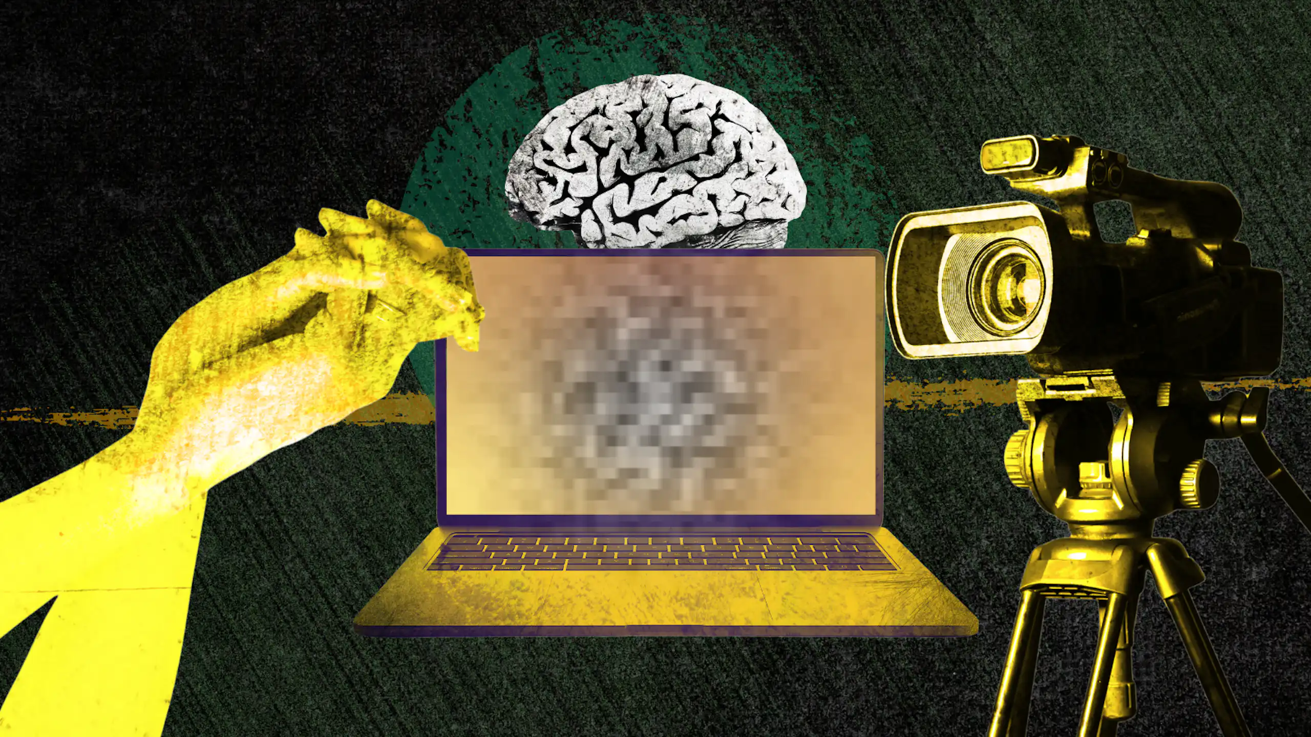 An image featuring graphics of two holding hands, a laptop, a human brain and a large camera.