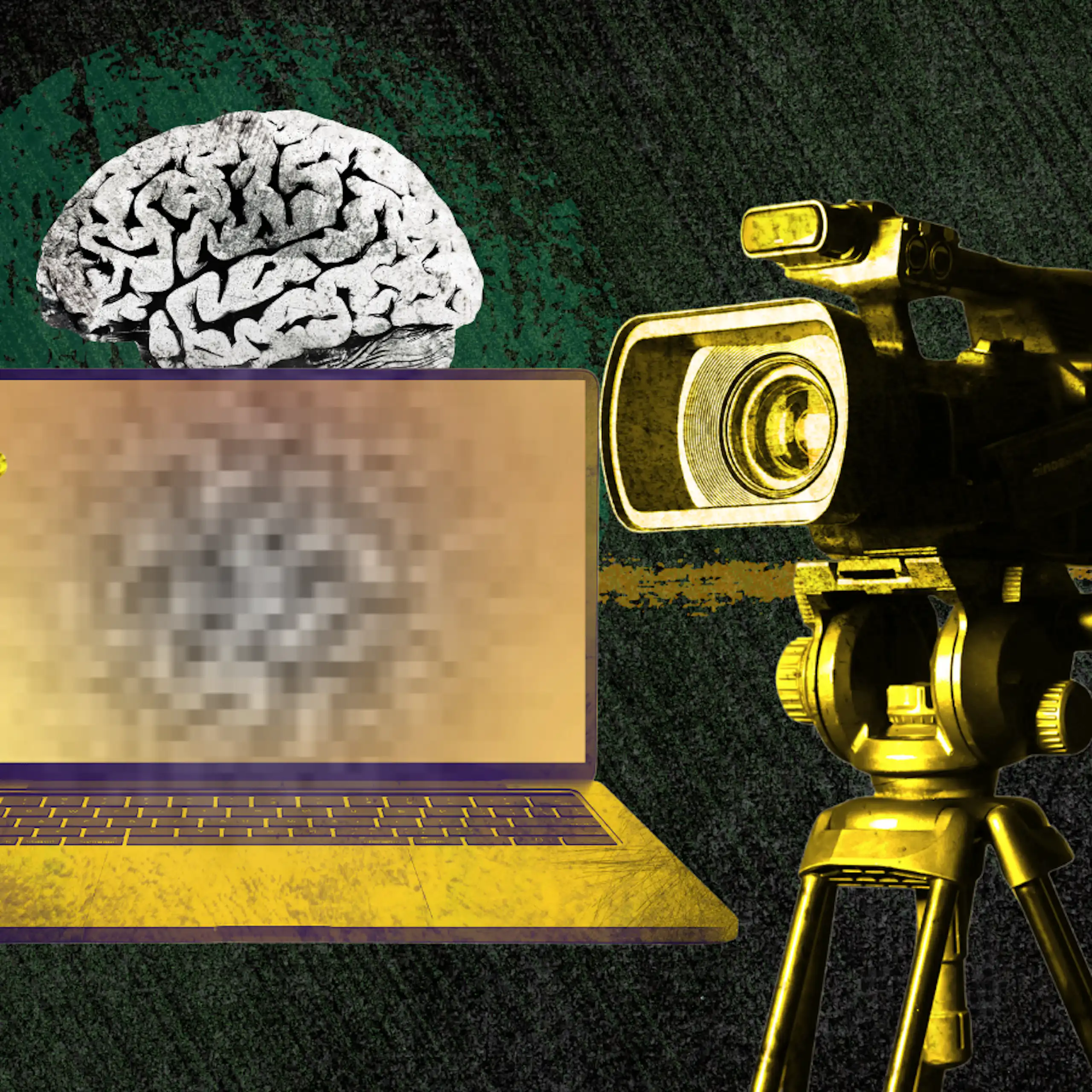 An image featuring graphics of two holding hands, a laptop, a human brain and a large camera.