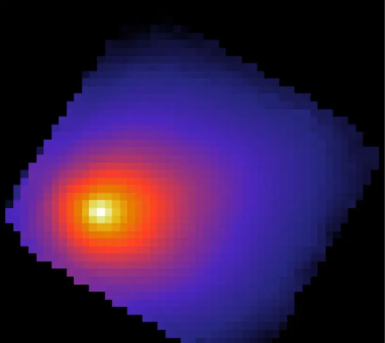 A bright yellow dot, surrounded by layers of orange, purple and blue.