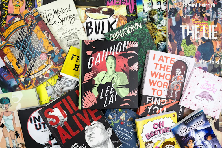 An array of graphic novels by Australian creators, with Lee Lai's Cannon (2025) in centre
