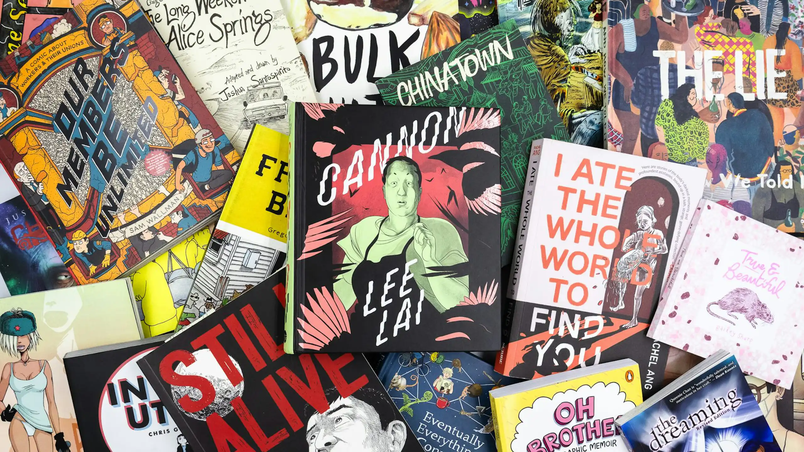 An array of graphic novels by Australian creators, with Lee Lai's Cannon (2025) in centre