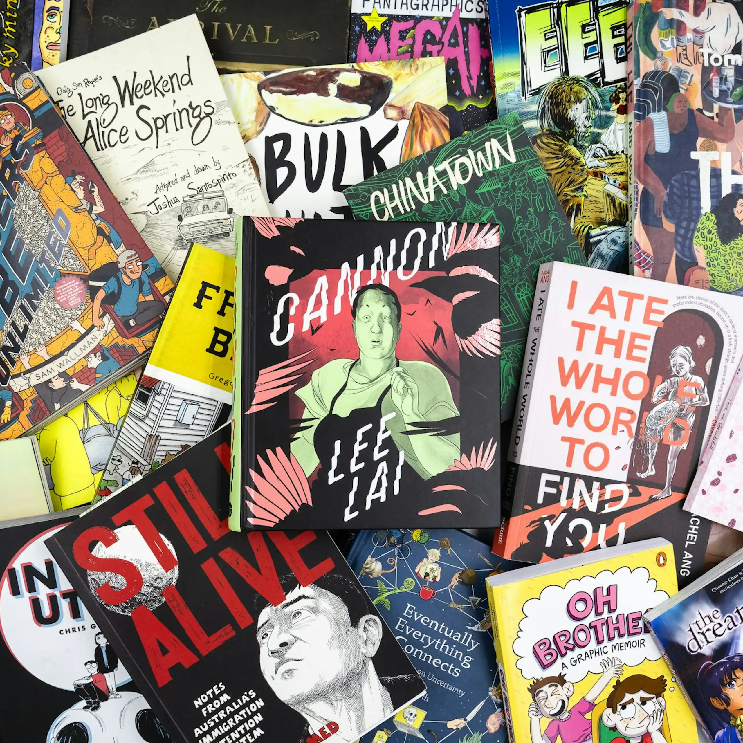 An array of graphic novels by Australian creators, with Lee Lai's Cannon (2025) in centre