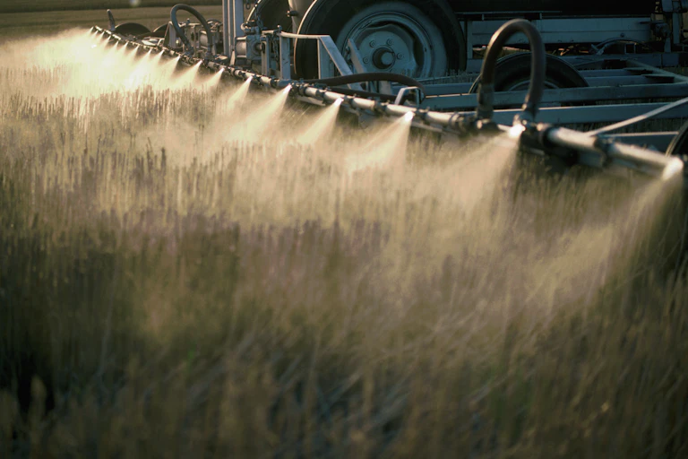 close up of herbicide being sprayed from a boom.