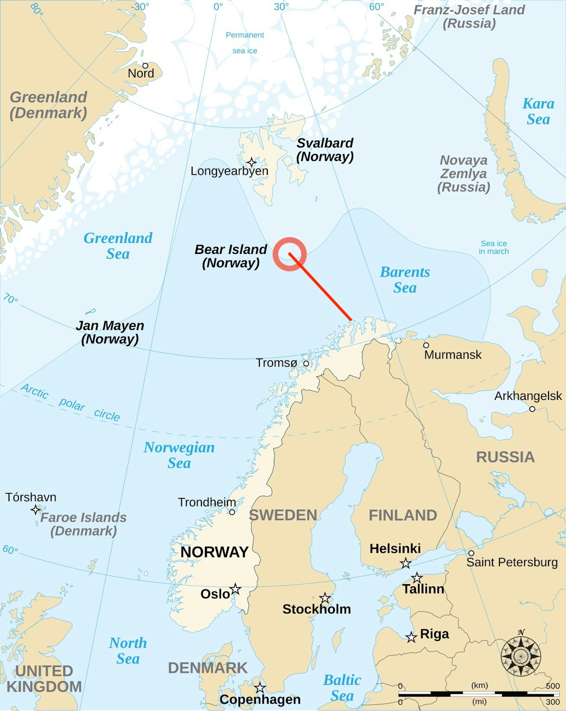 A map showing the location of the Bear Gap between Bear Island in the southern portion of the Svalbard archipelago and Cape North on Norway's northern mainland.
