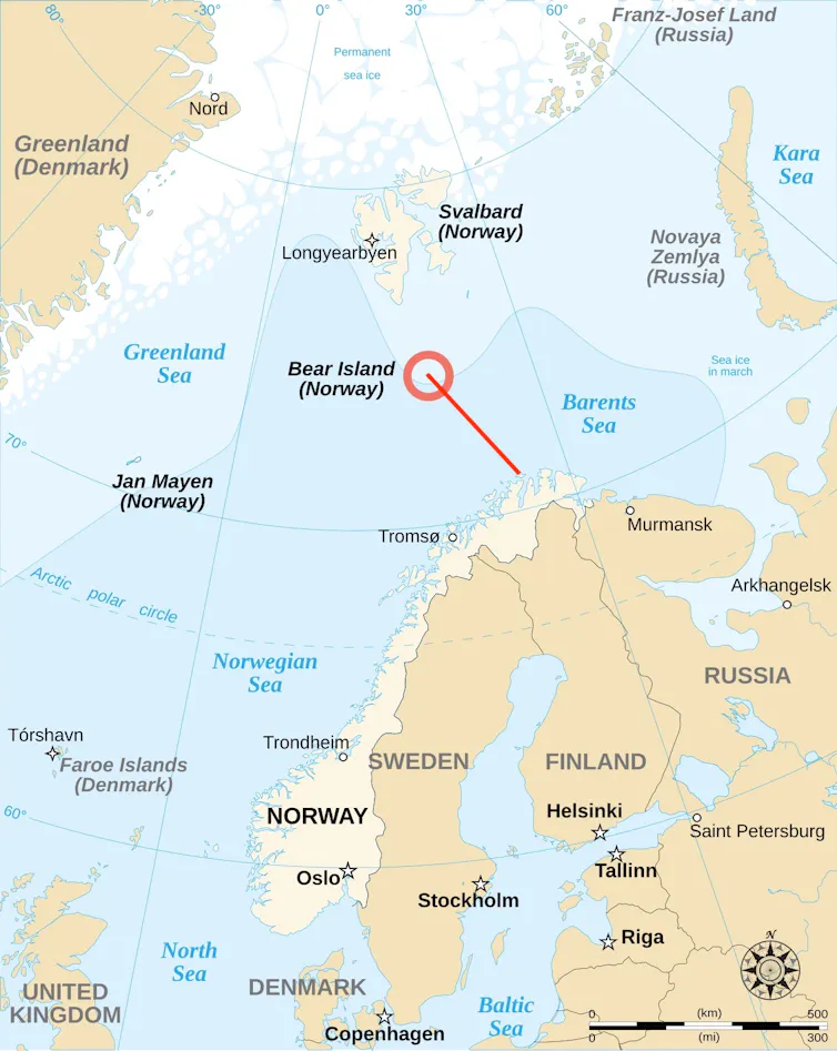 A map showing the location of the Bear Gap between Bear Island in the southern portion of the Svalbard archipelago and Cape North on Norway's northern mainland.