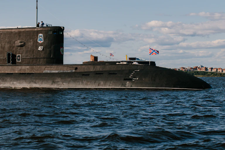 A Russian nuclear submarine surfaces near the city of Kronstadt in the Gulf of Finland.