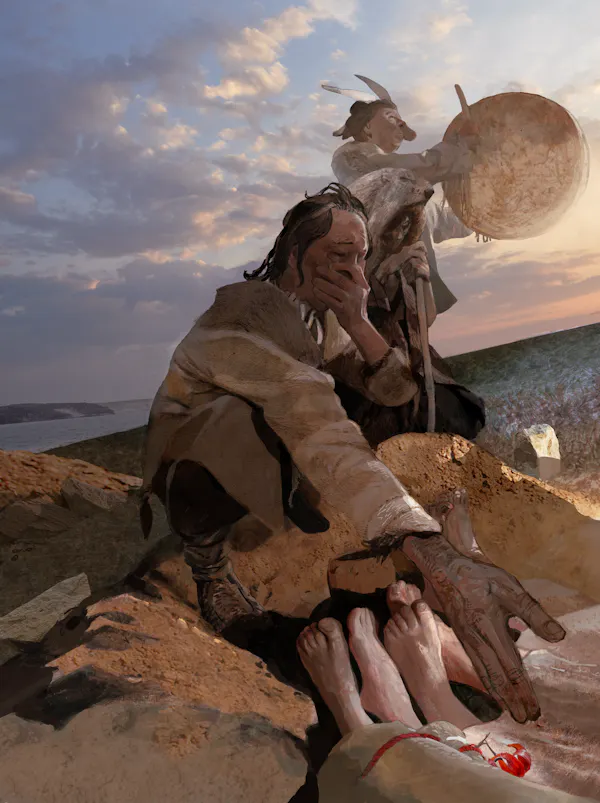 Artistic reconstruction of Lake Baikal hunter-gatherers burying the plague dead in shared graves.