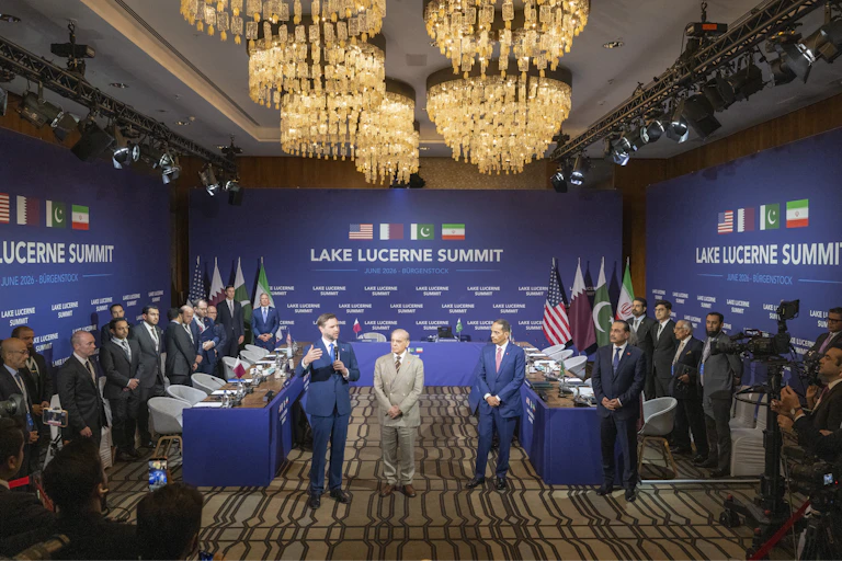 US vice-president, J.D. Vance, with Pakistani prime minister, Shehbaz Sharif, and Qatari prime minister, Mohammed bin Abdulrahman bin Jassim Al Thani, and negotiating teams at the Buergenstock resort in Obbuergen