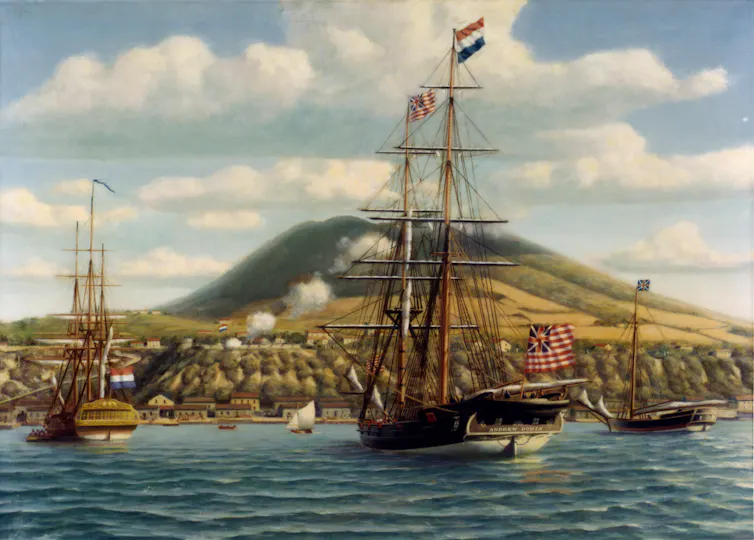painting of a ship approaching St. Eustatius