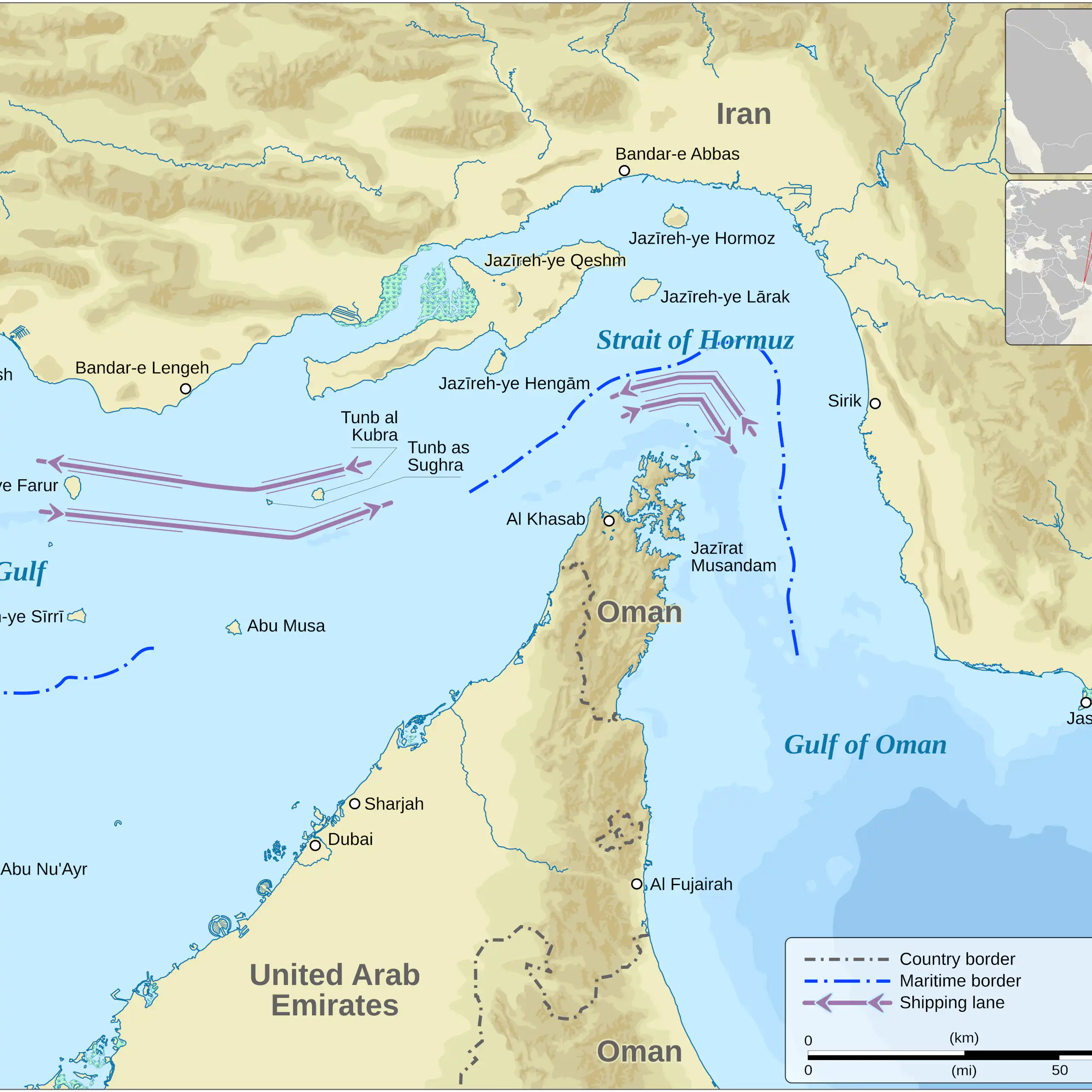 Map of the Persian Gulf, the Oman Gulf and the Strait of Hormuz.
