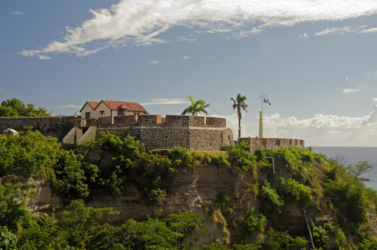 a fort surrounded by palm trees and shrubs