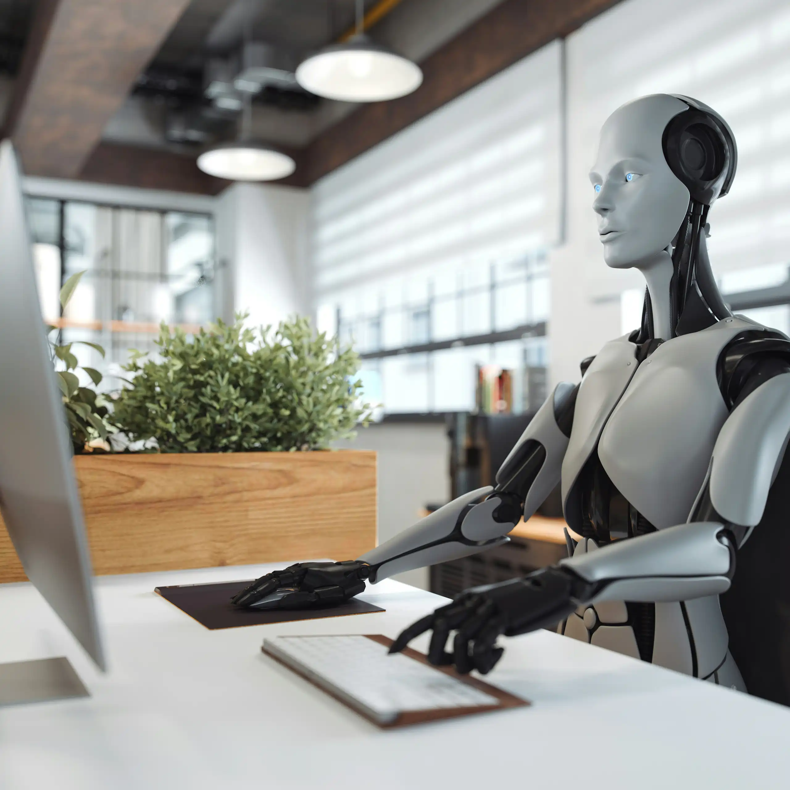 un robot assis à un bureau et tapant sur un clavier en regardant l'écran d'un ordinateur.