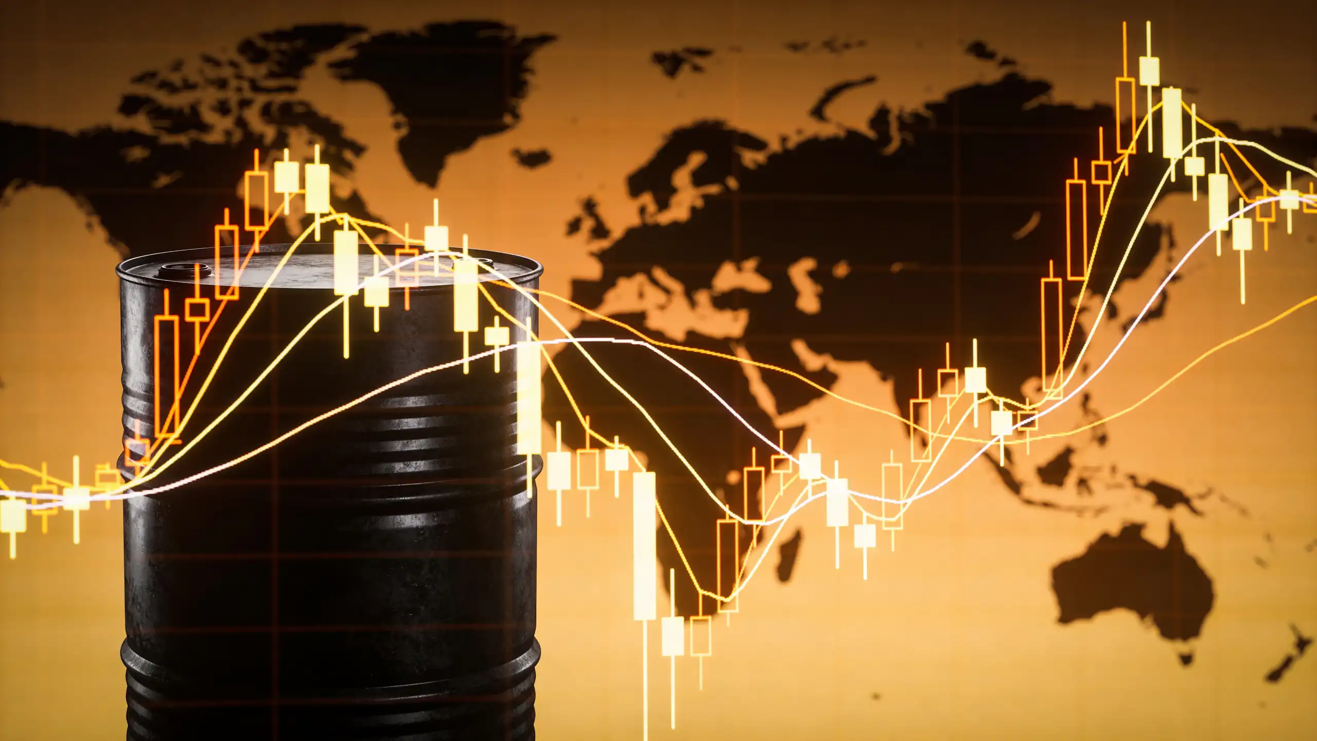 Création visuelle par IA : des courbes de prix sur fond de barils de pétrole.