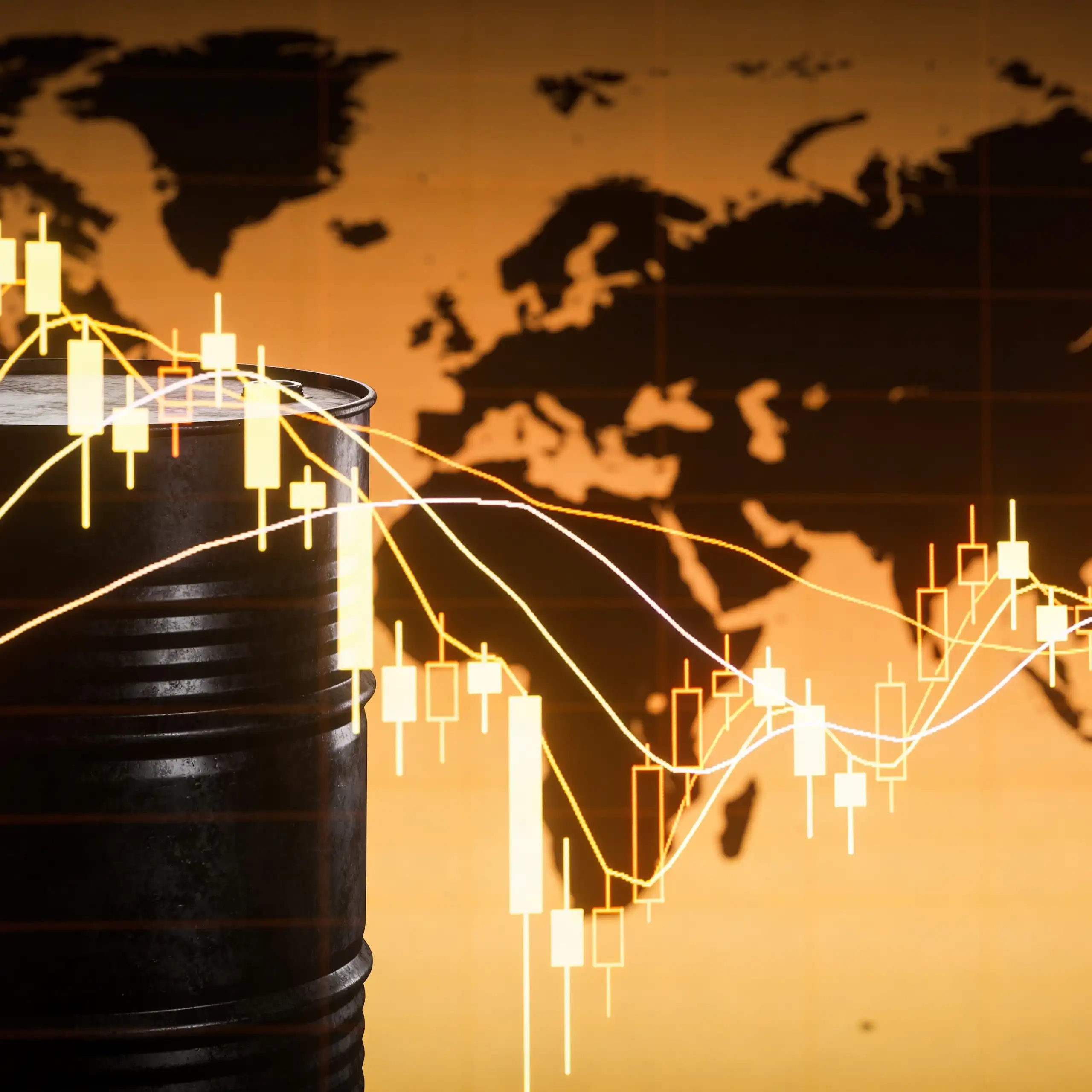Création visuelle par IA : des courbes de prix sur fond de barils de pétrole.
