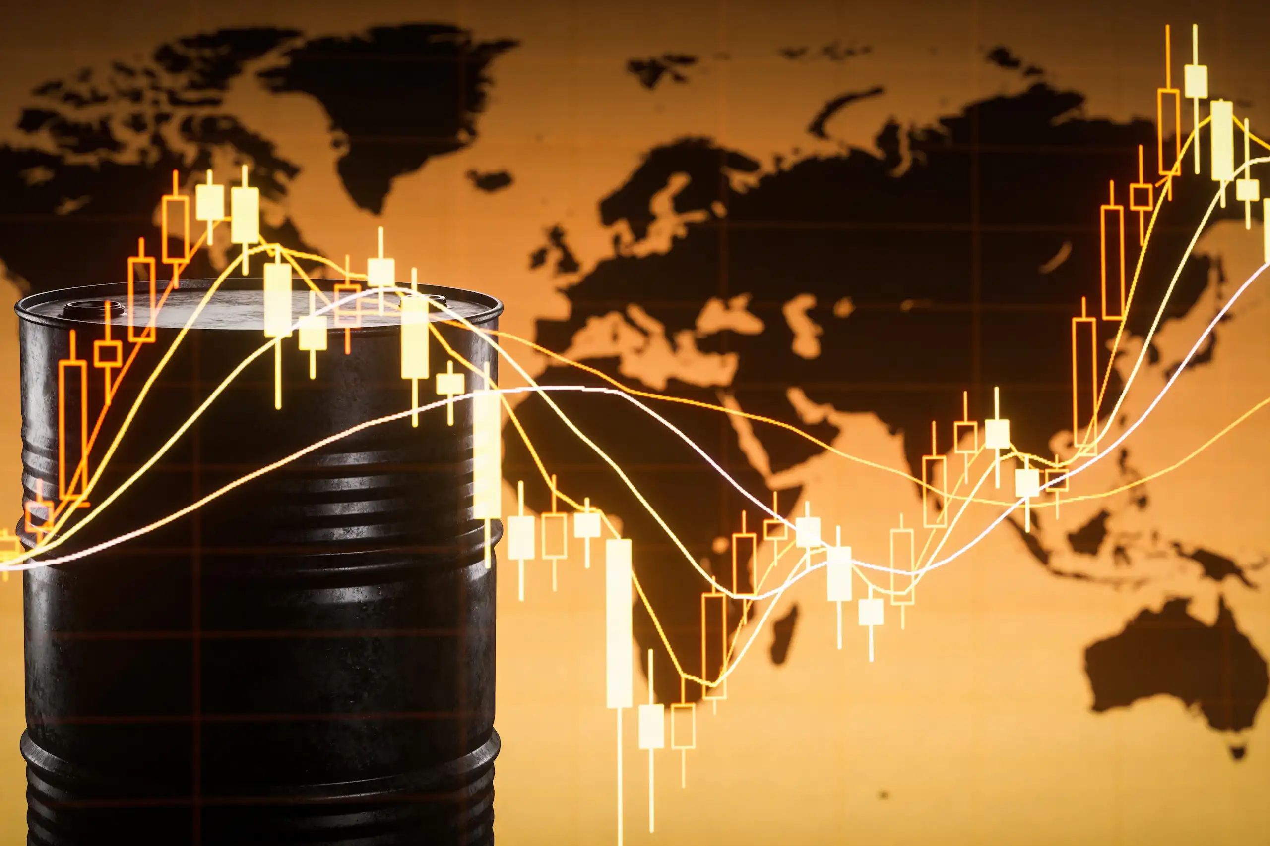 Création visuelle par IA : des courbes de prix sur fond de barils de pétrole.