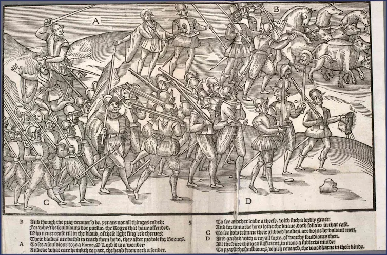 Otra opción revolucionaria de los fundadores de Estados Unidos: la separación de religión y gobierno 1 Ilustración en blanco y negro de soldados portando armas y cabezas cortadas llevando a varios cautivos.