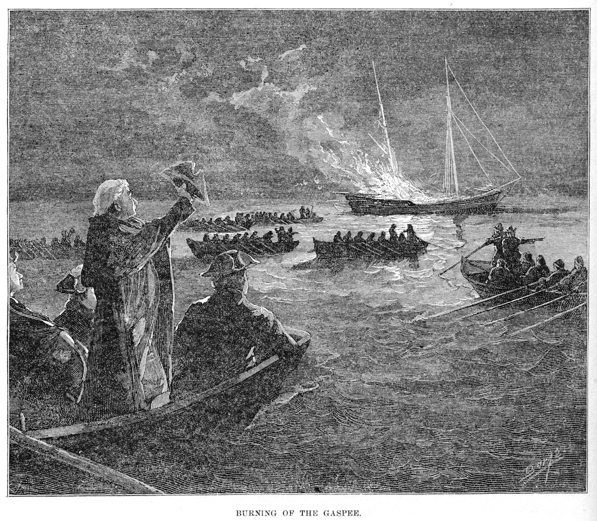 Colonists in boats set fire to a British ship