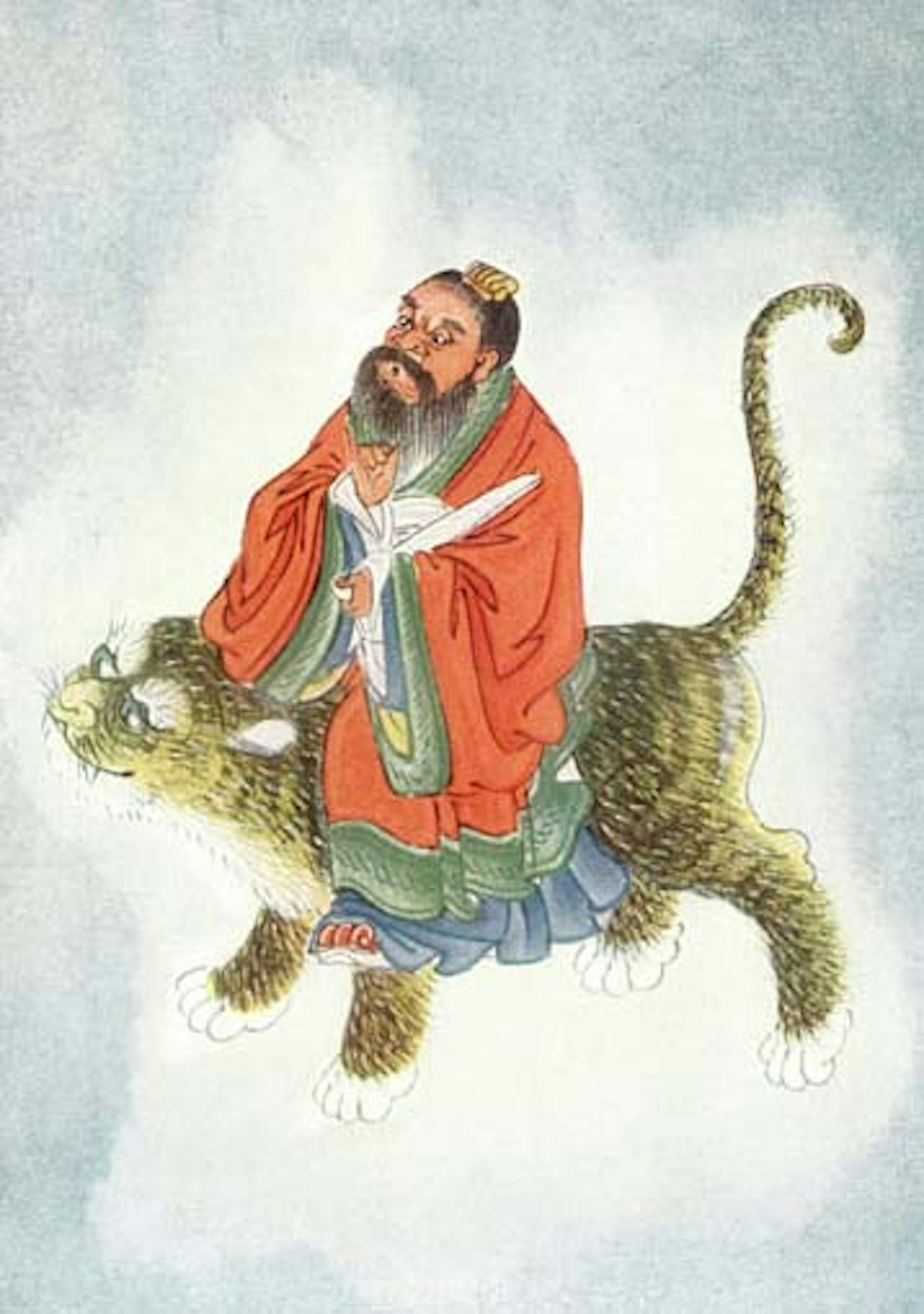 A sketch of a man wearing an orange cloak seated on a tiger.