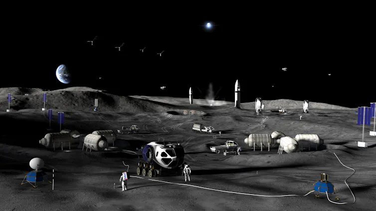 Rovers, astronauts and small buildings on the lunar surface, with Earth in the background.