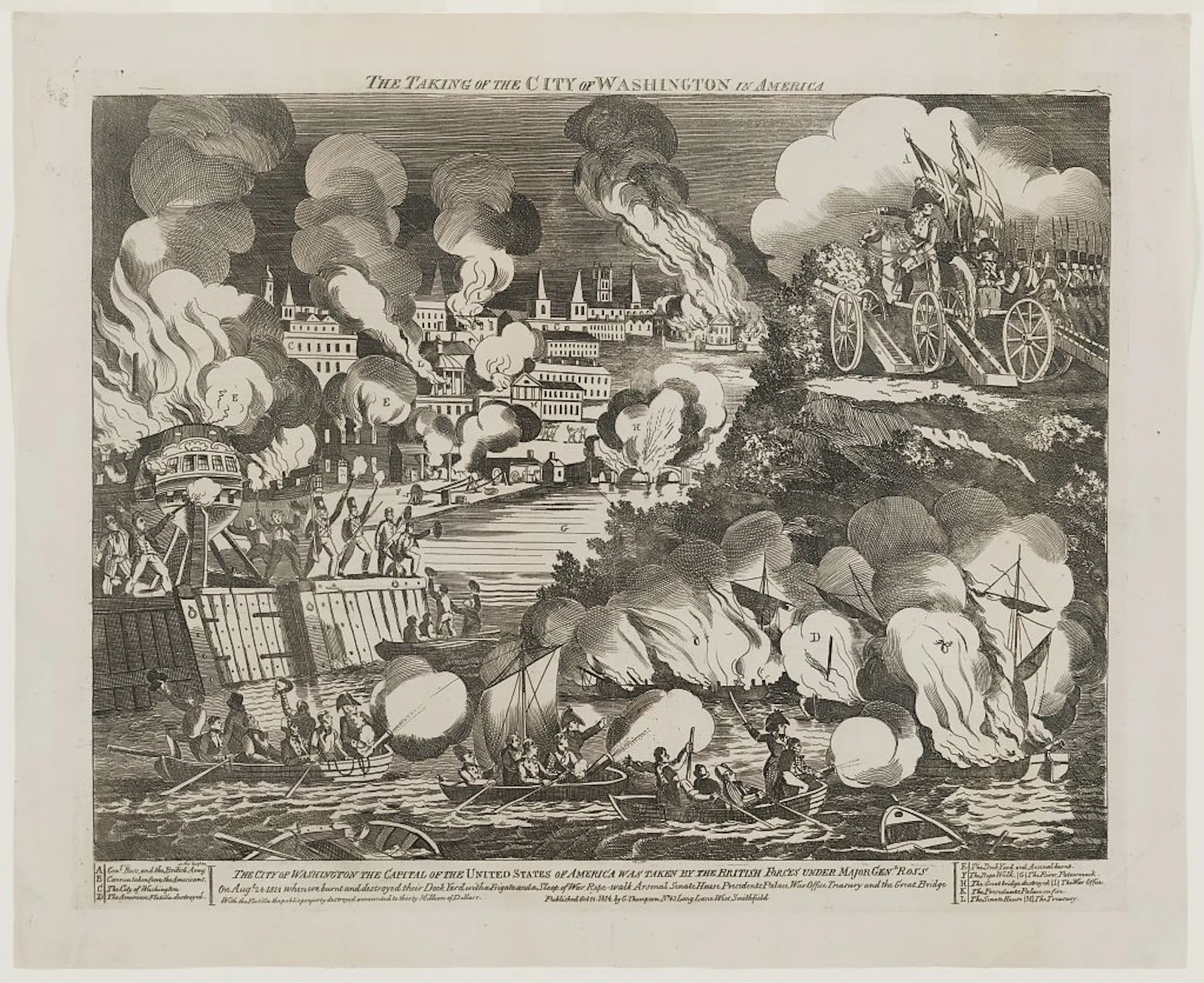 A view of Washington, D.C. under attack by British forces.