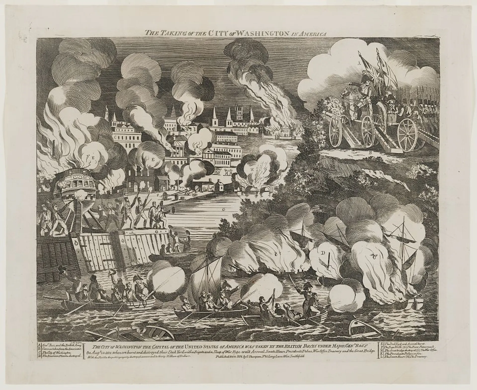 A view of Washington, D.C. under attack by British forces.