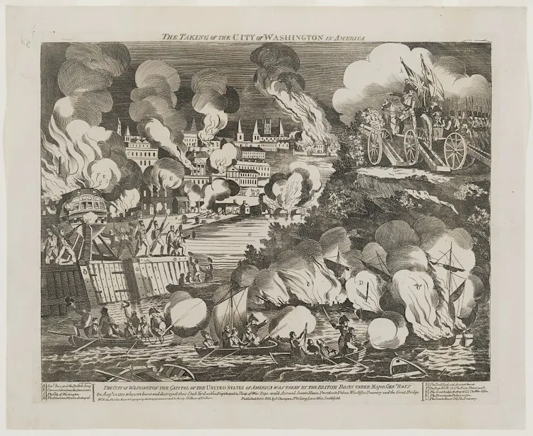 A view of Washington, D.C. under attack by British forces.