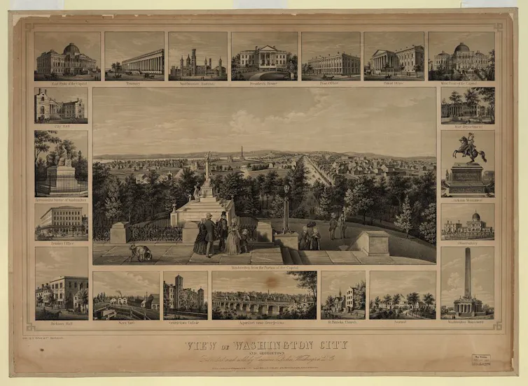 A view of Washington from the portico of the Capitol surrounded by 20 other views of government buildings.