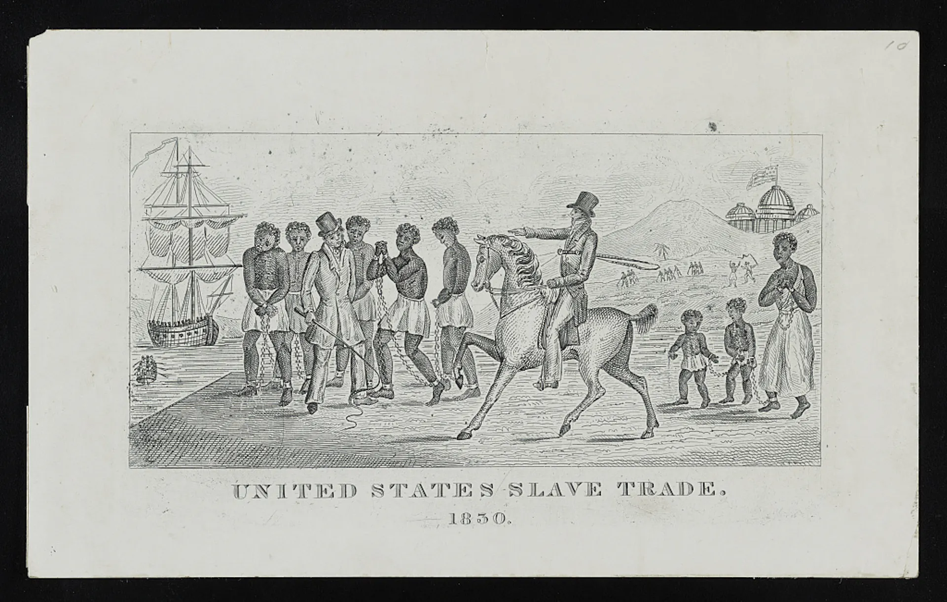 A group of slaves in chains, with a mother 'fastened to her children,' being sold by one trader to another.