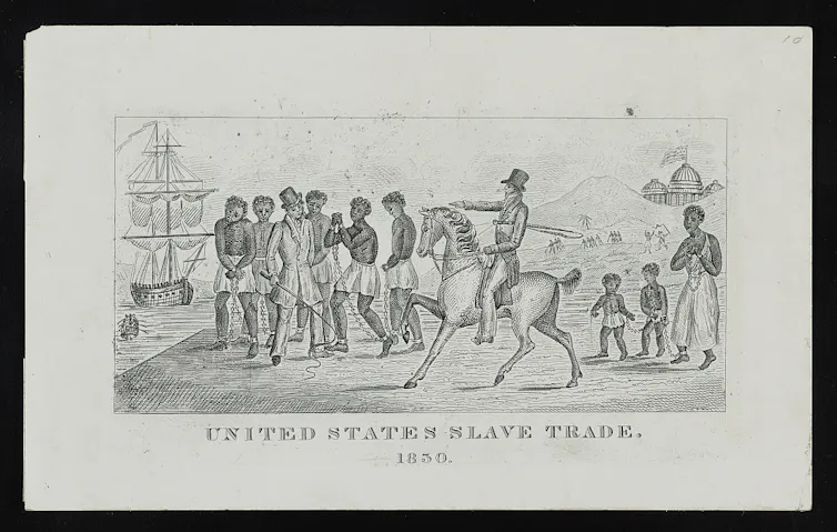 A group of slaves in chains, with a mother 'fastened to her children,' being sold by one trader to another.