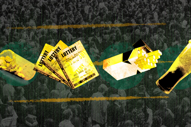 Series of graphics of pills, lottery tickets, cigarettes and a cup of beer.