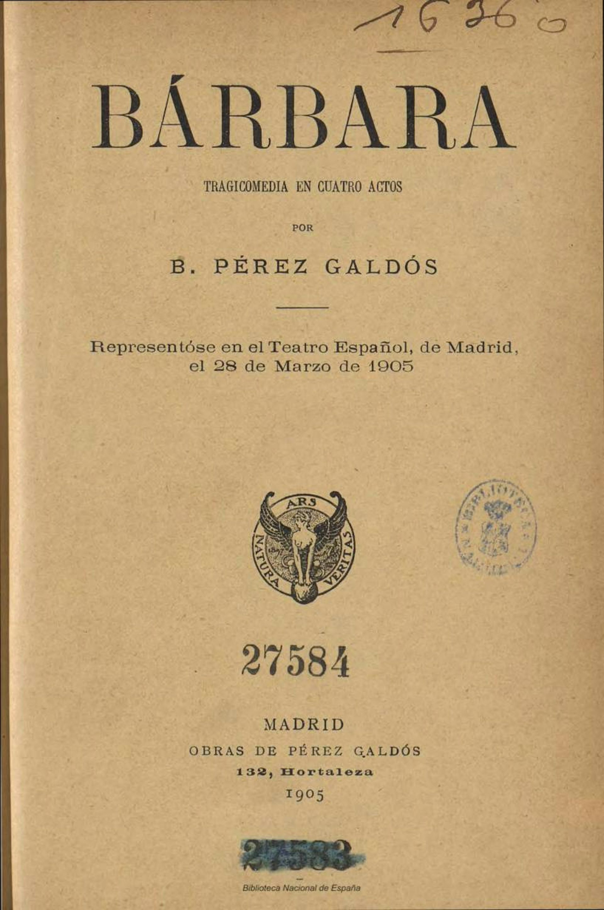 Portada de la primera edición de _Barbara_, tragicomedia en cuatro actos de Benito Pérez Galdós.