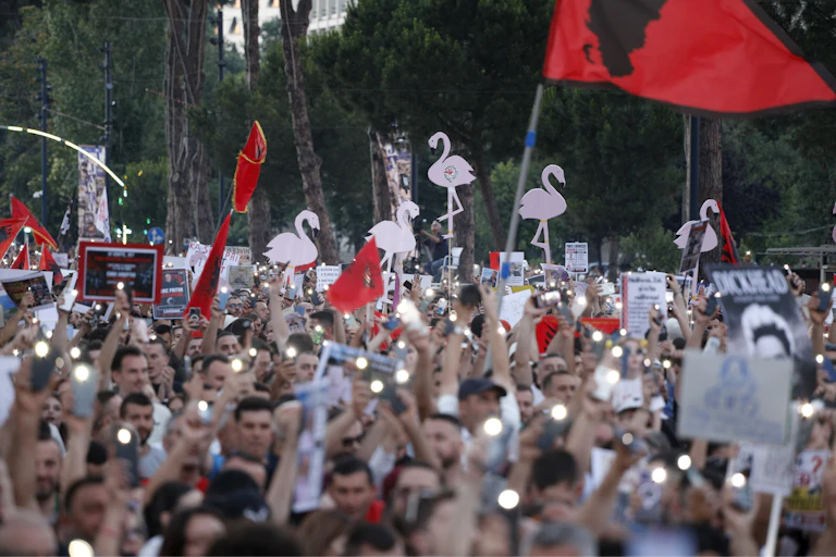 A crowd of protestors in Tirana waving Albanian flags and placards depicting flamingo's.