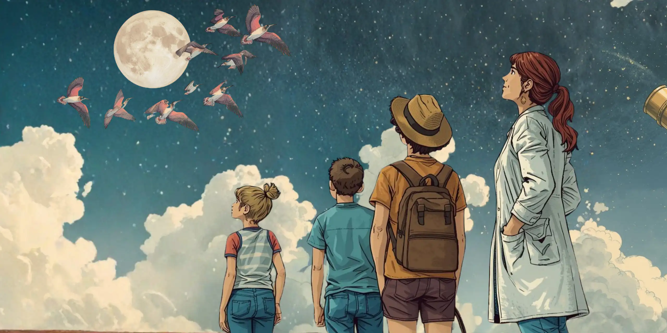Dessin d'un groupe d'enfants avec une scientifique.