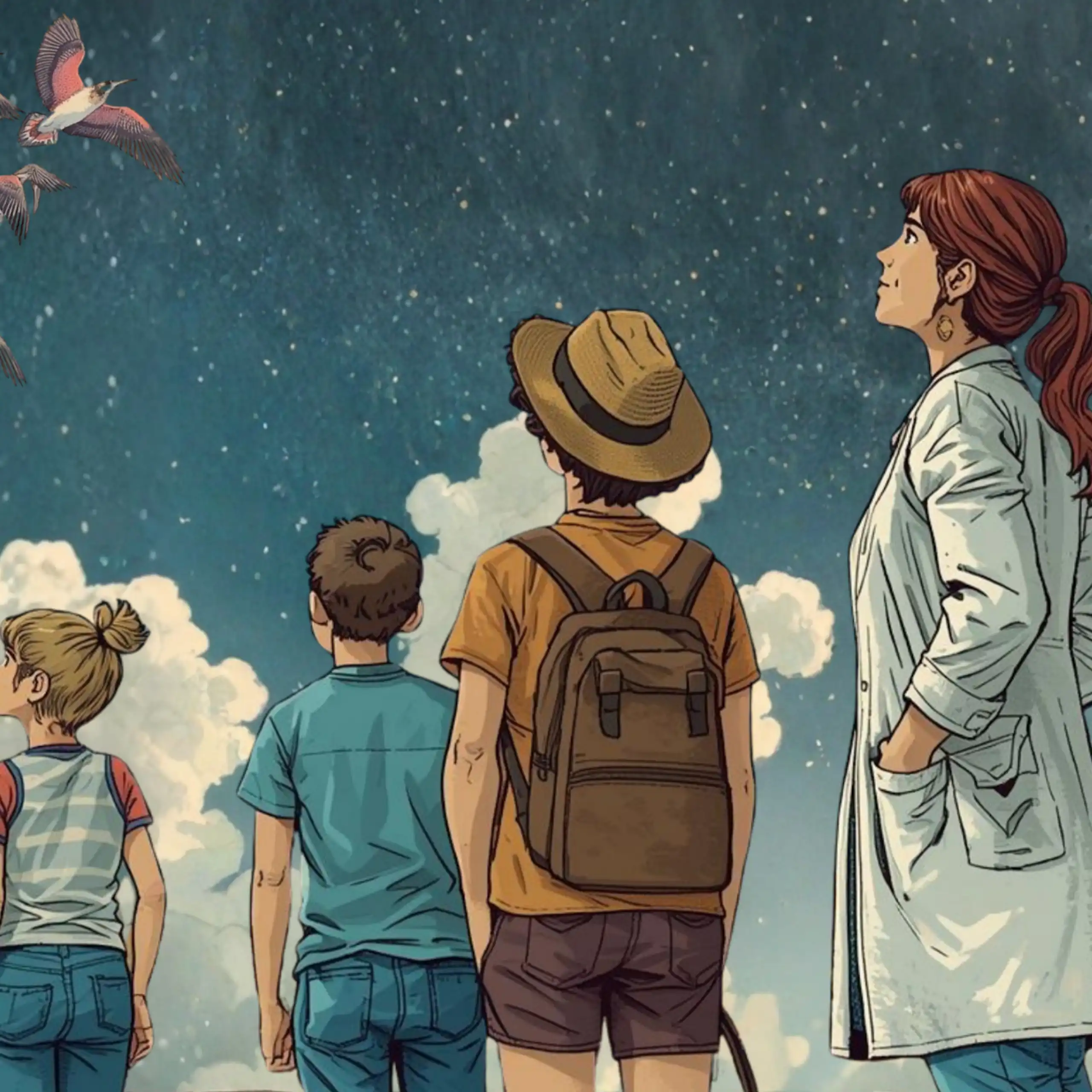 Dessin d'un groupe d'enfants avec une scientifique.