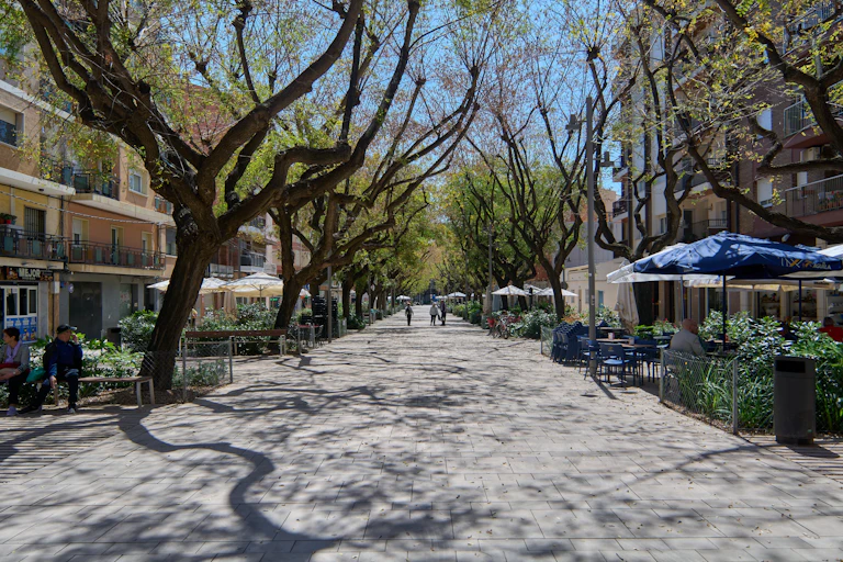 Un carrer peatonal amb arbres als costats.