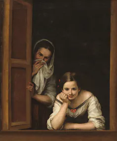 Pintura de dos mujeres mirando por la ventana, una de ellas tapándose la cara.