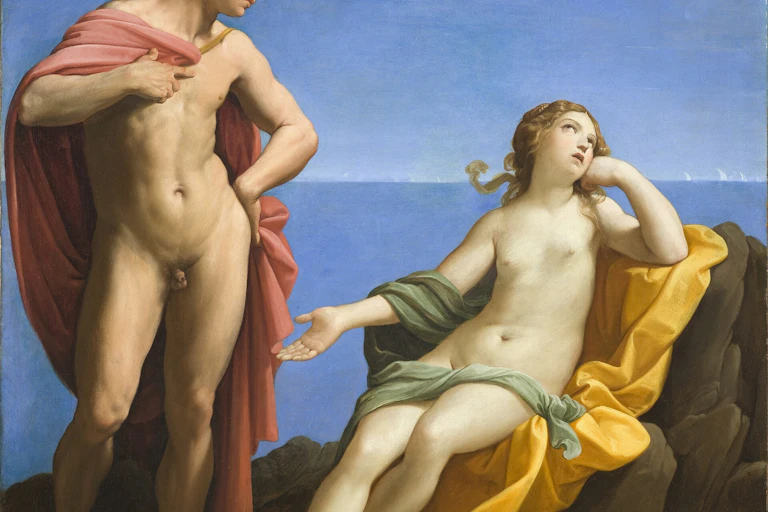 Pintura de un hombre que solo lleva una capa y una mujer a su lado que mira agotada en dirección opuesta.