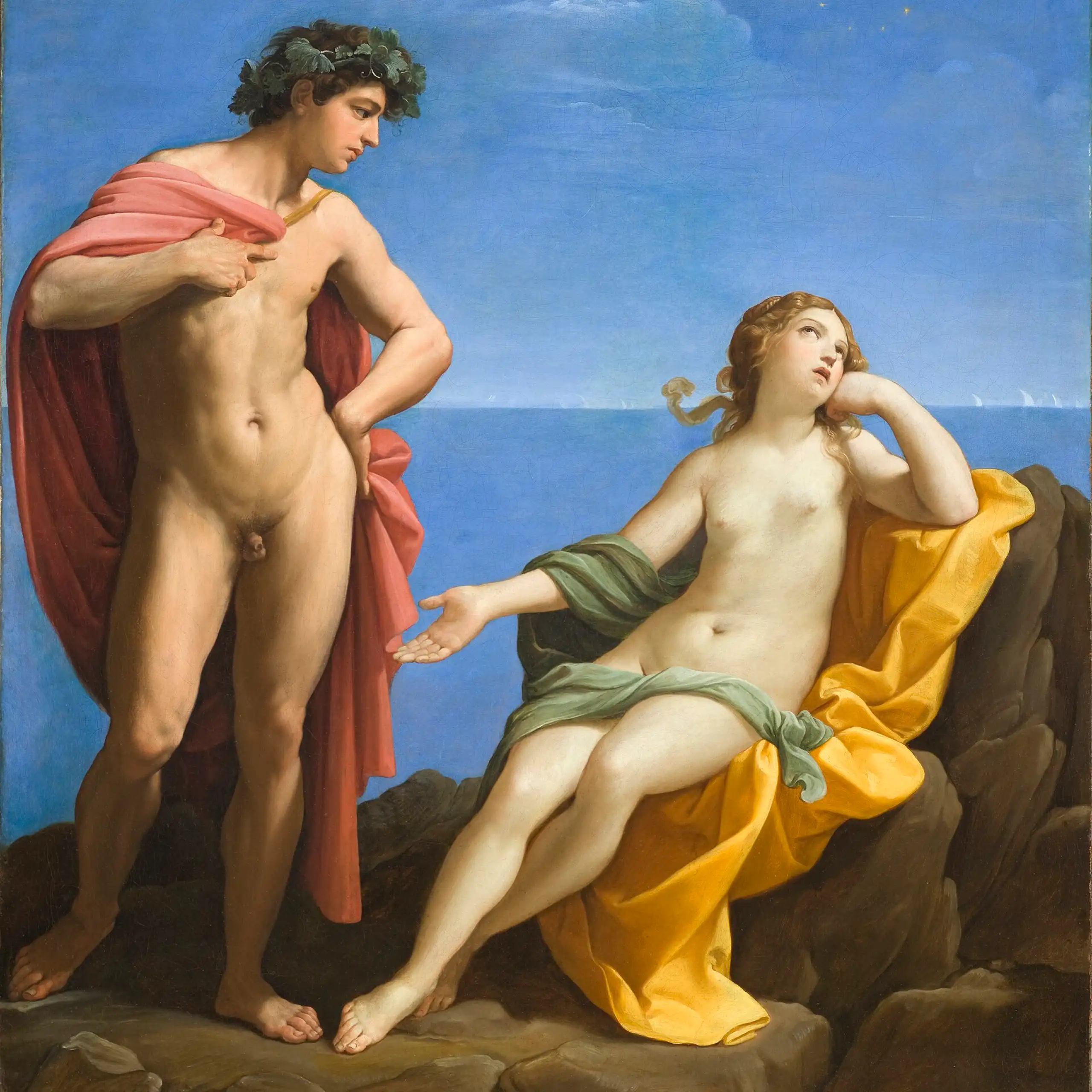 Pintura de un hombre que solo lleva una capa y una mujer a su lado que mira agotada en dirección opuesta.