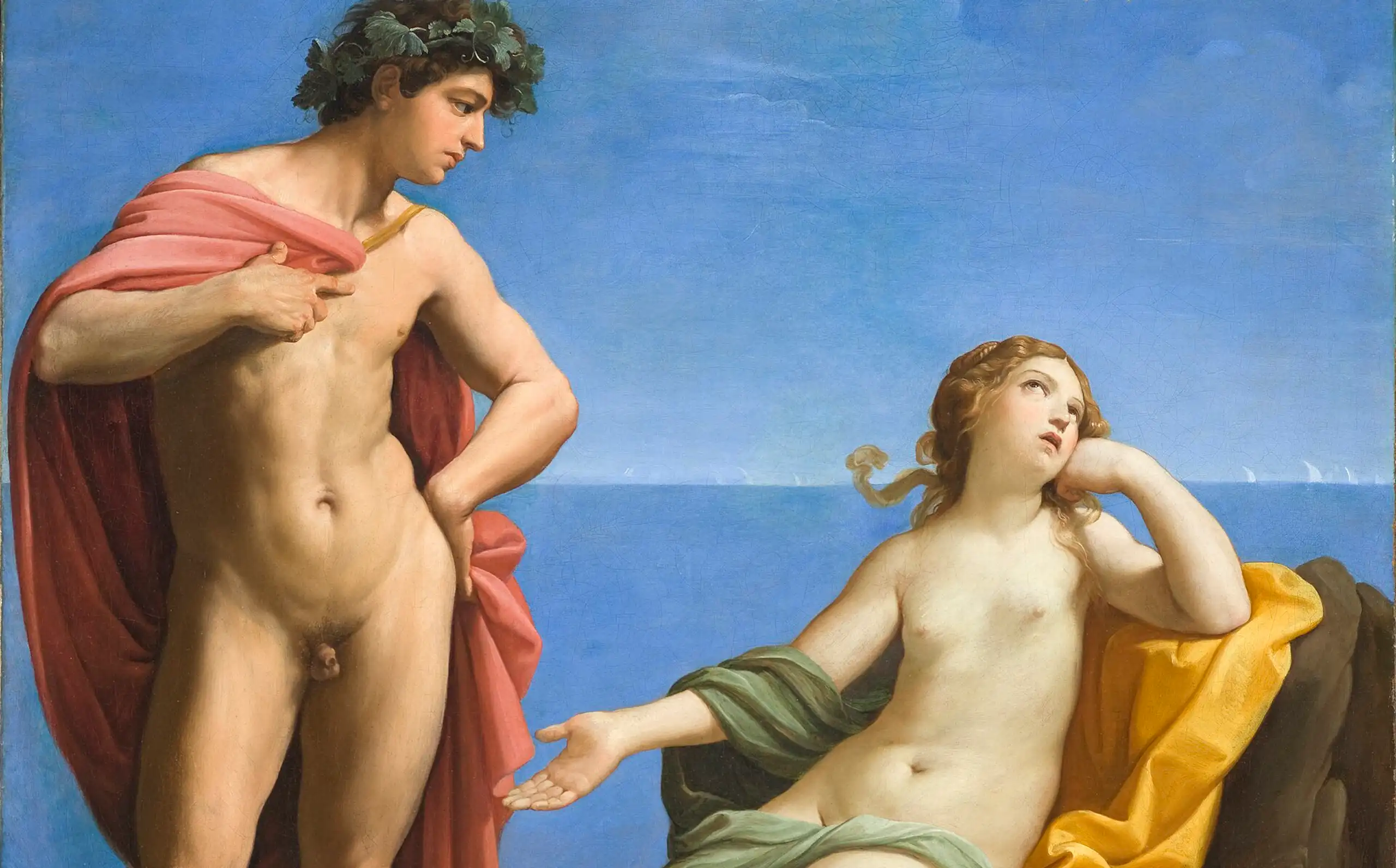Pintura de un hombre que solo lleva una capa y una mujer a su lado que mira agotada en dirección opuesta.