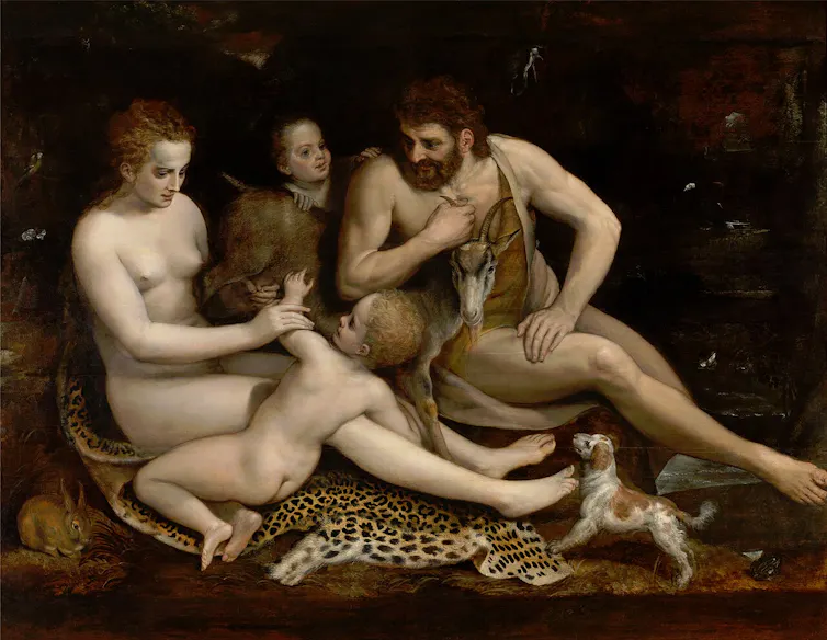 Spanish American writers who rewrote the parable of Eve 2 A picture of a man and a woman with two children in the forest.