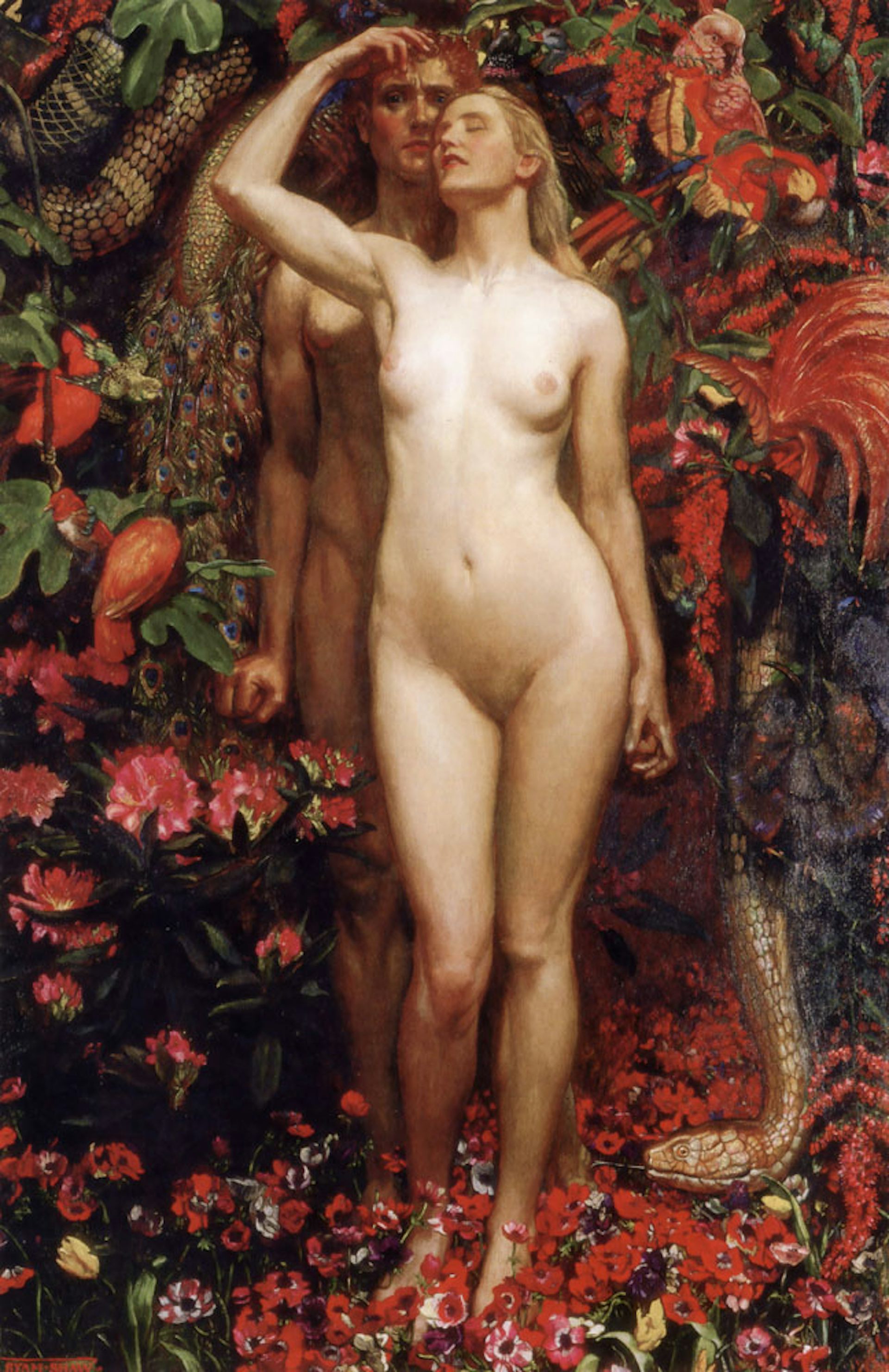 A picture of a naked woman about to eat a fruit and a man behind her watching her.