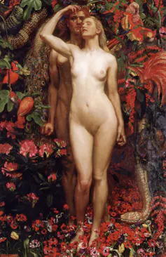 Spanish American writers who rewrote the parable of Eve 1 A picture of a naked woman about to eat a fruit and a man behind her watching her.