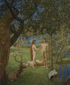 Pintura de una mujer desnuda que le da una fruta a un hombre frente a ella, en un entorno natural paradisíaco.