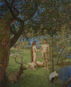 Pintura de una mujer desnuda que le da una fruta a un hombre frente a ella, en un entorno natural paradisíaco.