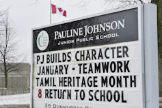 La vida literaria después de la muerte: cómo se recuerda a los autores en todo Canadá 1 El letrero dice Mes de la Herencia Tamil de la Escuela Pública Pauline Johnson.