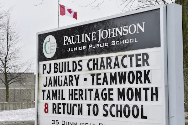 A sign says Pauline Johnson Public School Tamil Heritage month.
