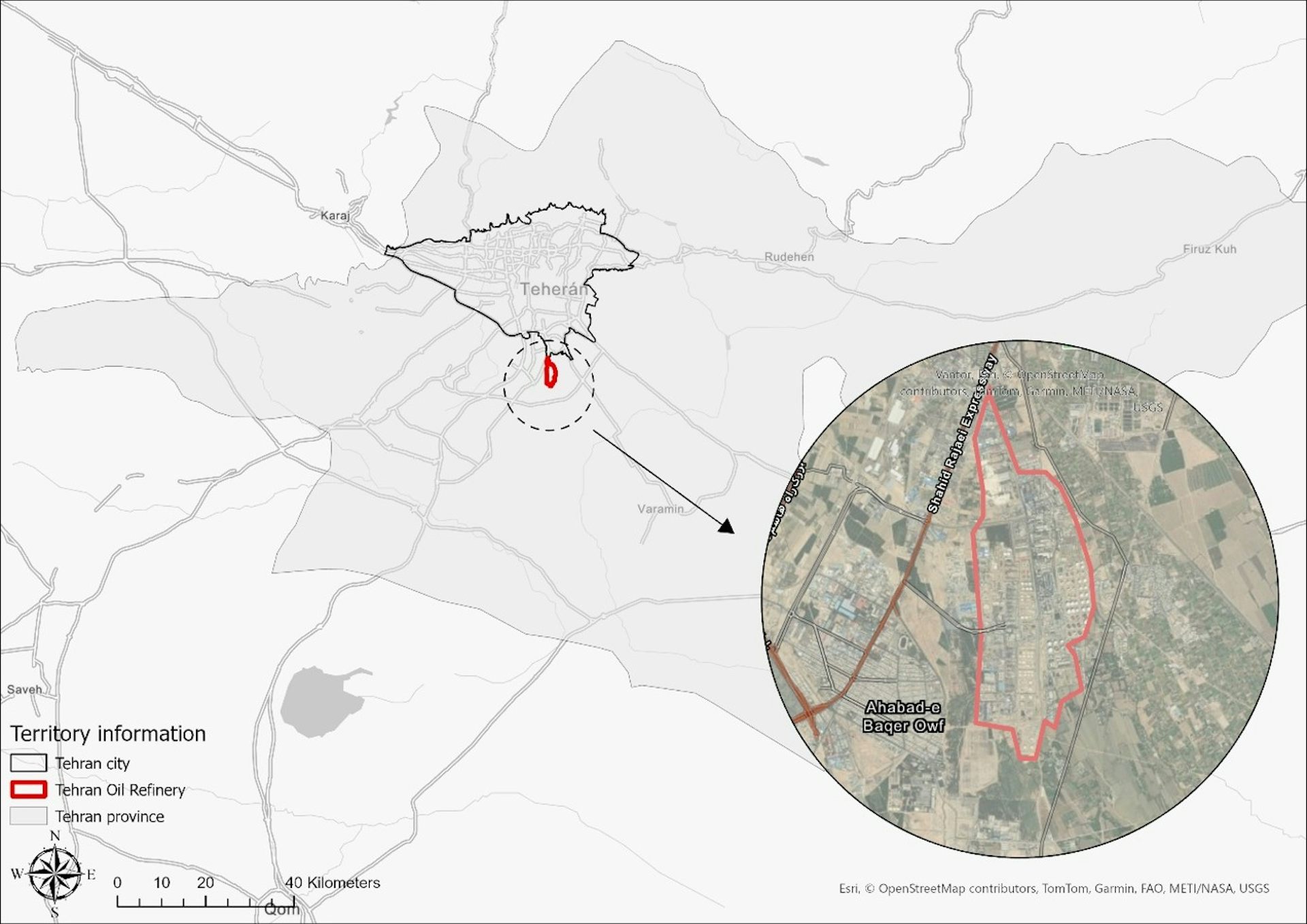 Mapa que muestra la ubicación de una refinería de petróleo en Teherán